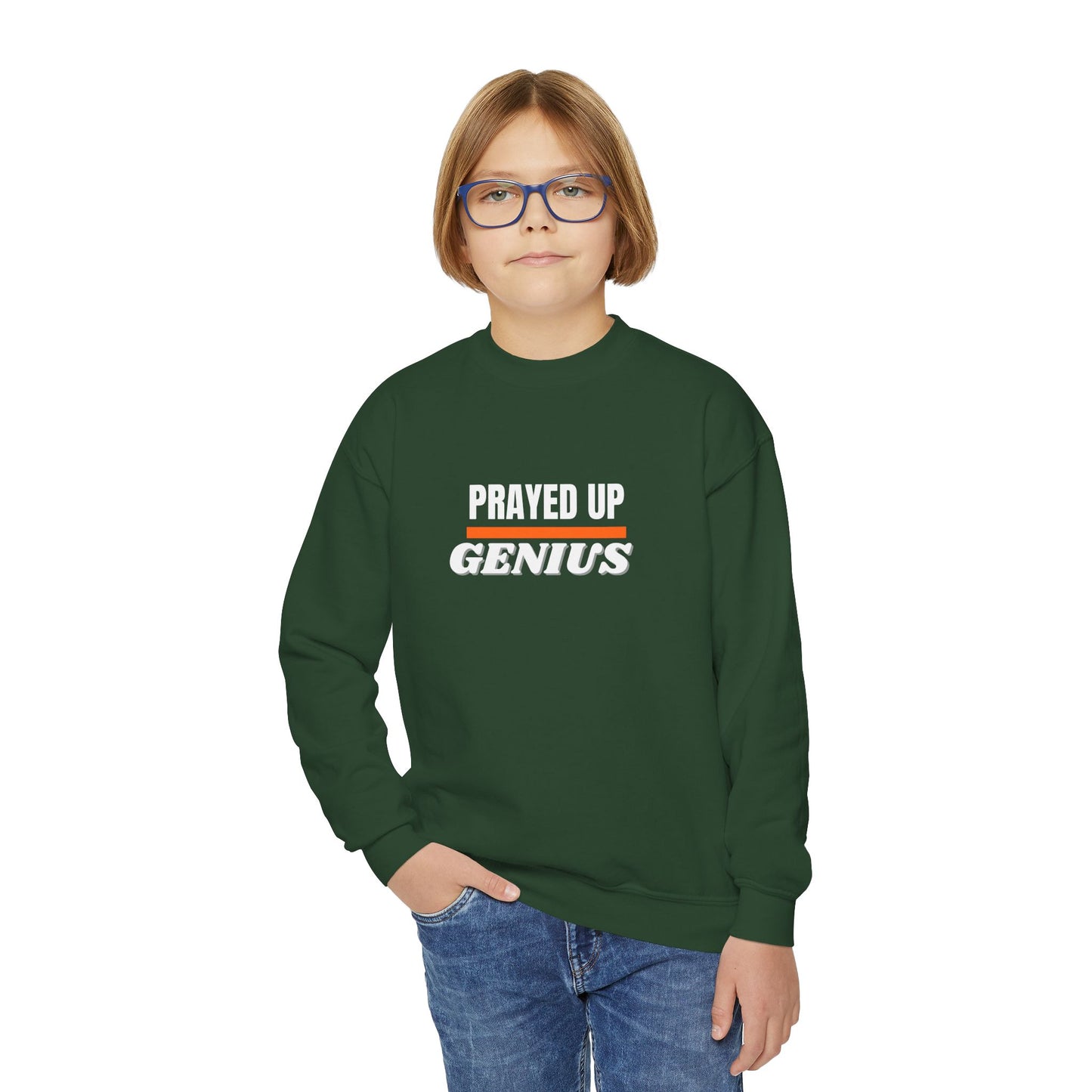 'Prayed Up Genius' Youth Crewneck Genius Sweatshirt for Kids Inspirational