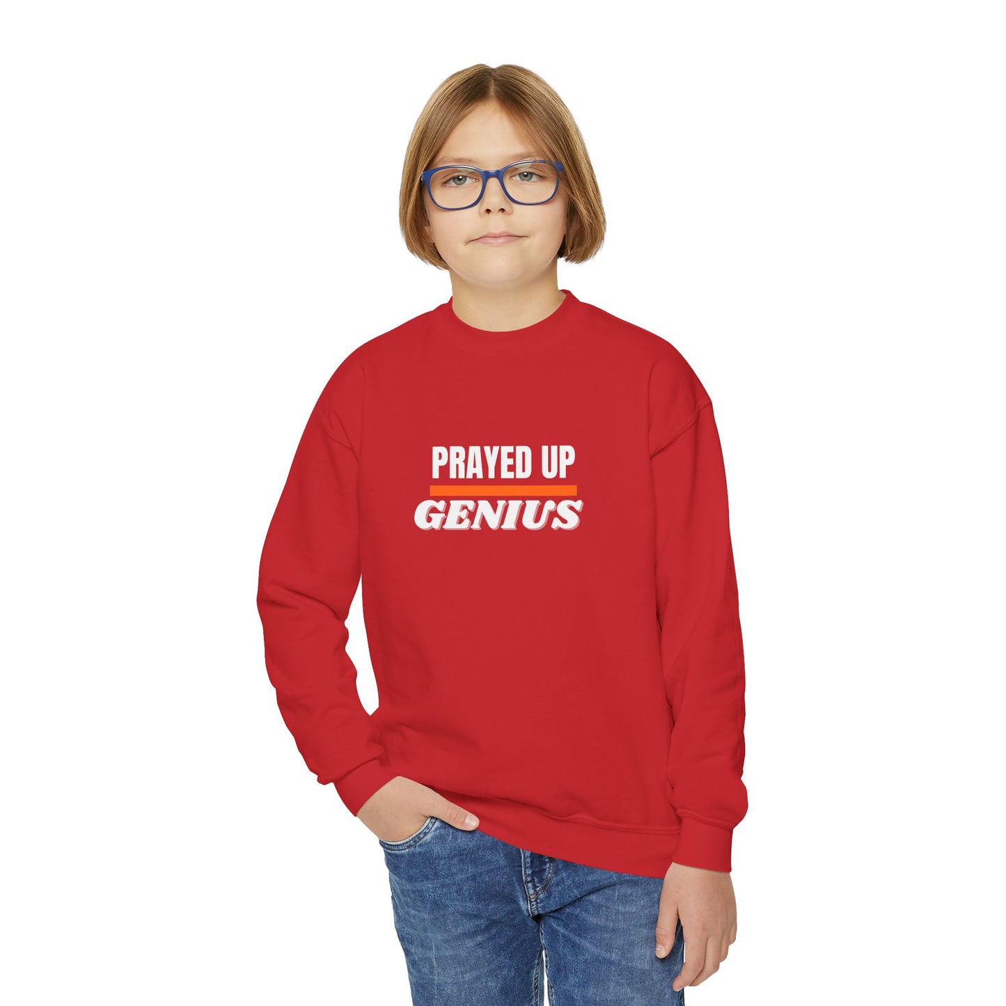 'Prayed Up Genius' Youth Crewneck Genius Sweatshirt for Kids Inspirational