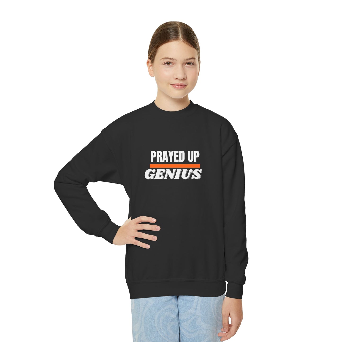 'Prayed Up Genius' Youth Crewneck Genius Sweatshirt for Kids Inspirational