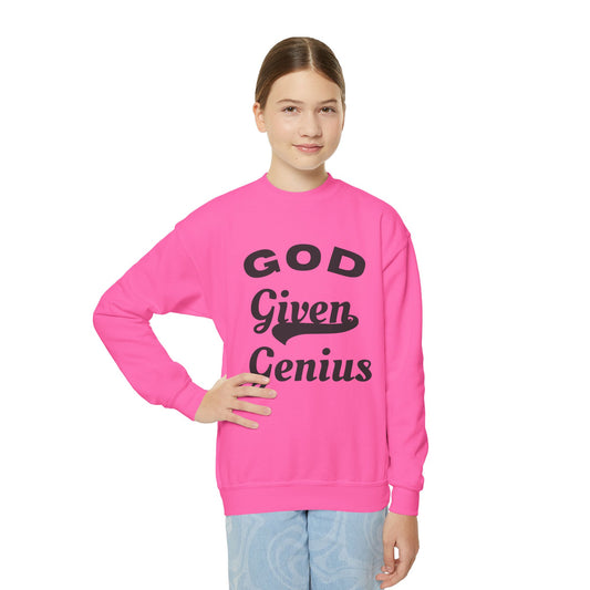 God Given Genius Youth Crewneck Sweatshirt, Inspirational Gift, Cozy Apparel, Back to School, Encouragement Fashion