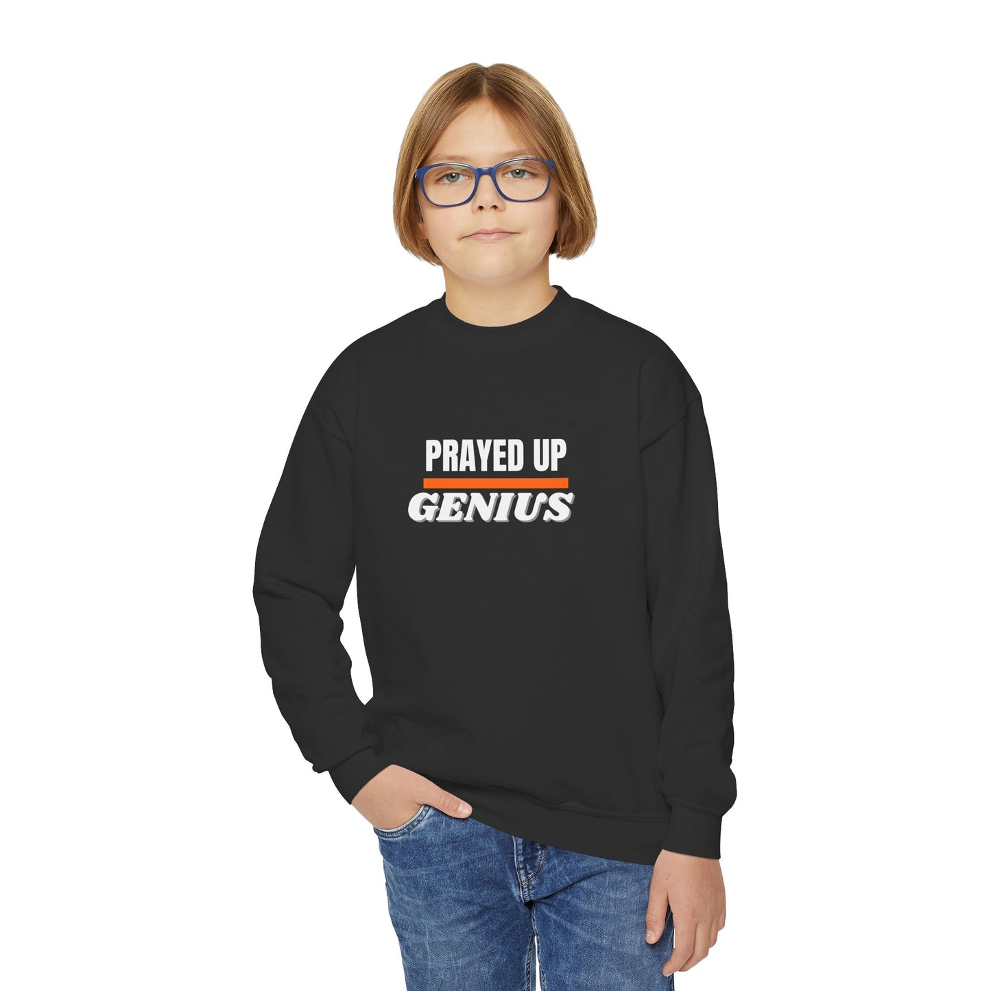 'Prayed Up Genius' Youth Crewneck Genius Sweatshirt for Kids Inspirational